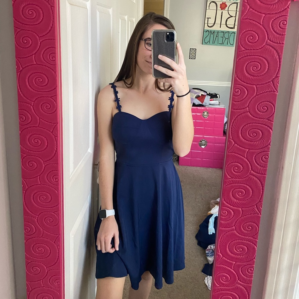 navy dress w/ flower straps